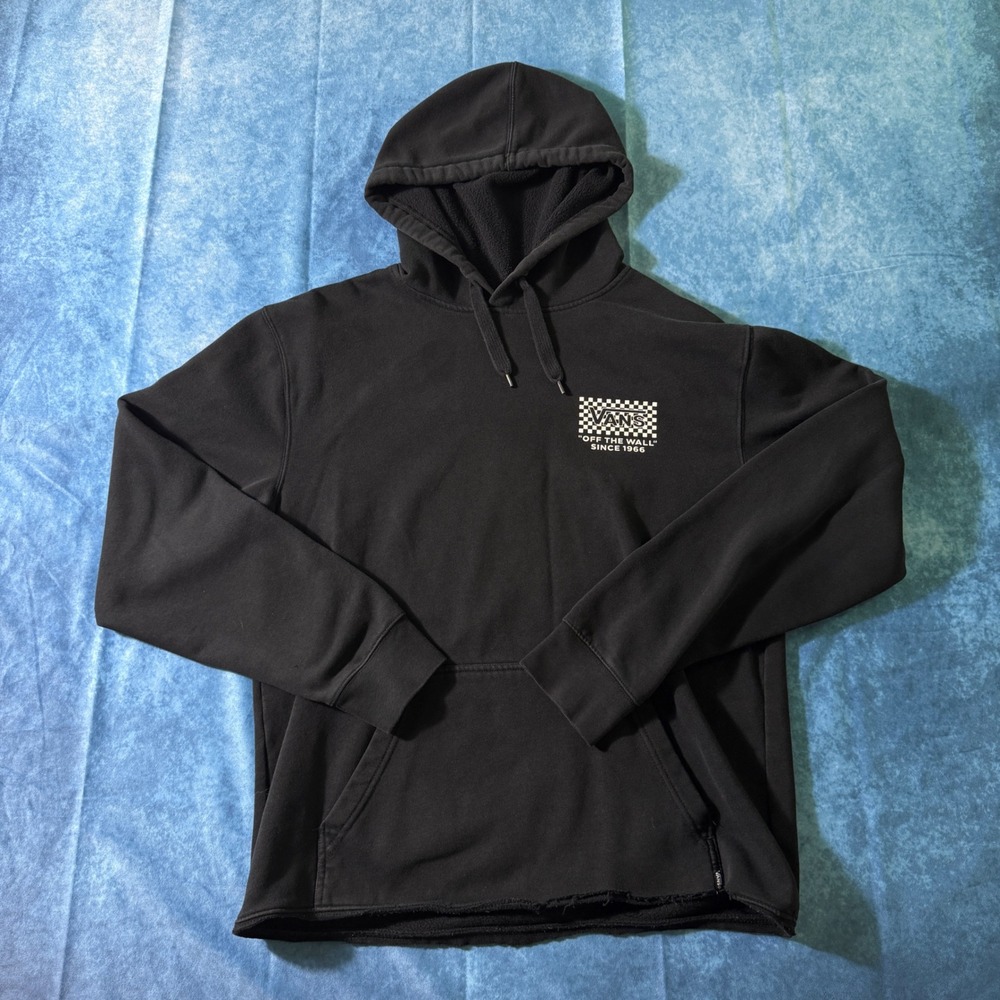 Grunge Vans Off The Wall Checkerboard Raw Hem Black Hoodie Large